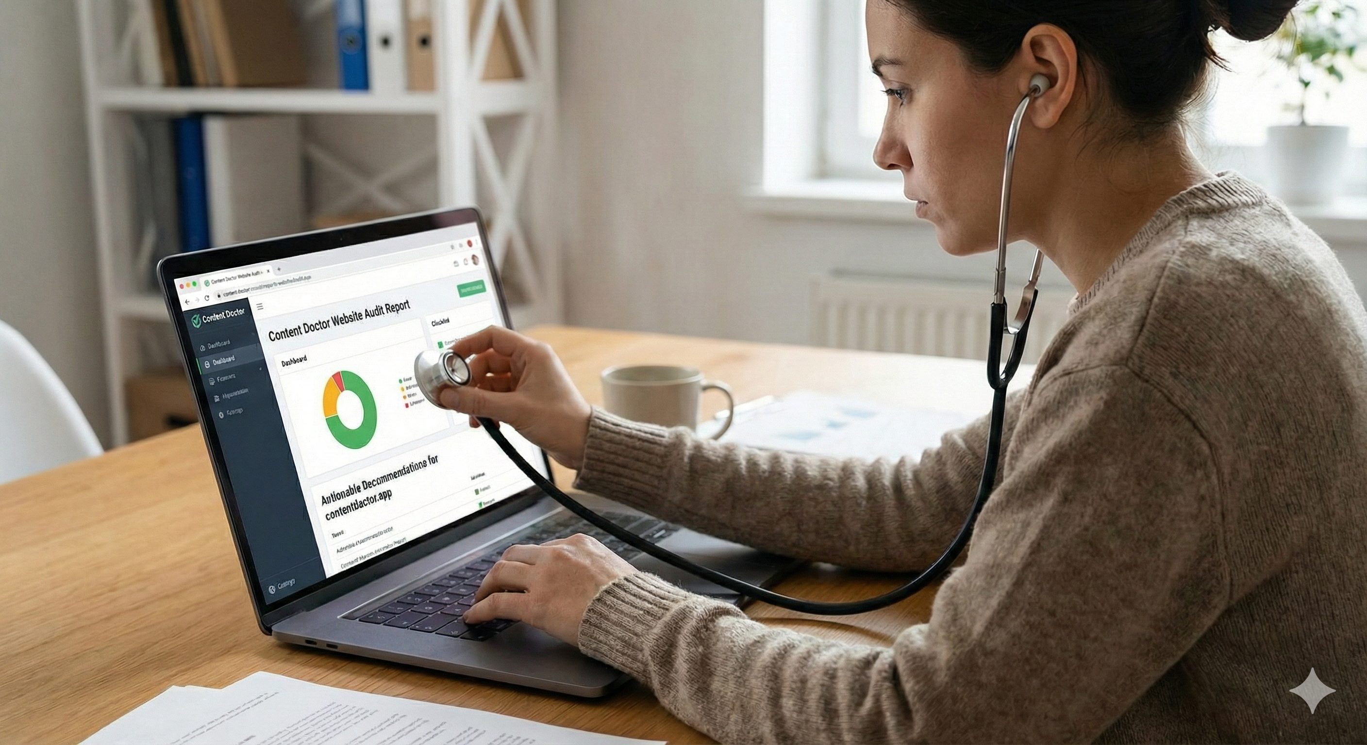 Content Doctor - diagnosing website health with a stethoscope on a laptop showing an SEO audit report